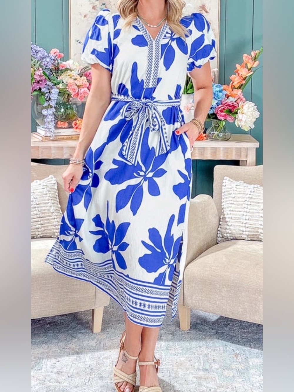 JODIFL White Midi Dress with Bold Blue Floral Print and Tie Waist Sz M